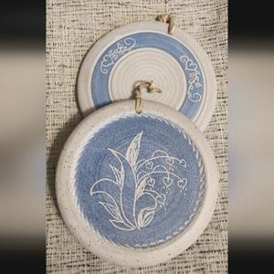 Lot of 2 - Art Pottery Trivets Wall Hanger Bun Warmer Floral Heart Artist Signed